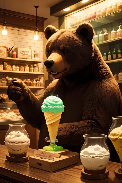 close-up bear,on A classic,vintage Italian gelato shop with colorful displays,nature,(natural elements),(particle effects),glow sprite,with a glowing,masterpiece,best quality,high quality,<lora:GoodHands-beta2:1>,