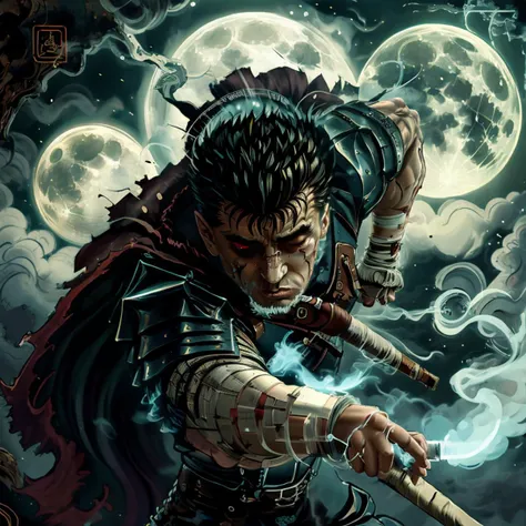 masterpiece, best quality, highly detailed, guts \(berserk\), smoking pipe man, from above, running fighting stance, attack battle form, run in the lake,armor, one eye closed, scar, bandages, black hair, cape, male focus, manly, holding pipe, huge sword, holding, traditional media, full moon, <lora:Guts_05:1>, <lora:J_diagram:0.9>, J_diagram, bioluminescent, cinematic light, (best shadow), halo of light, <lora:xuer shang dynasty_20240212233835:0.8>, xuer shang dynasty,