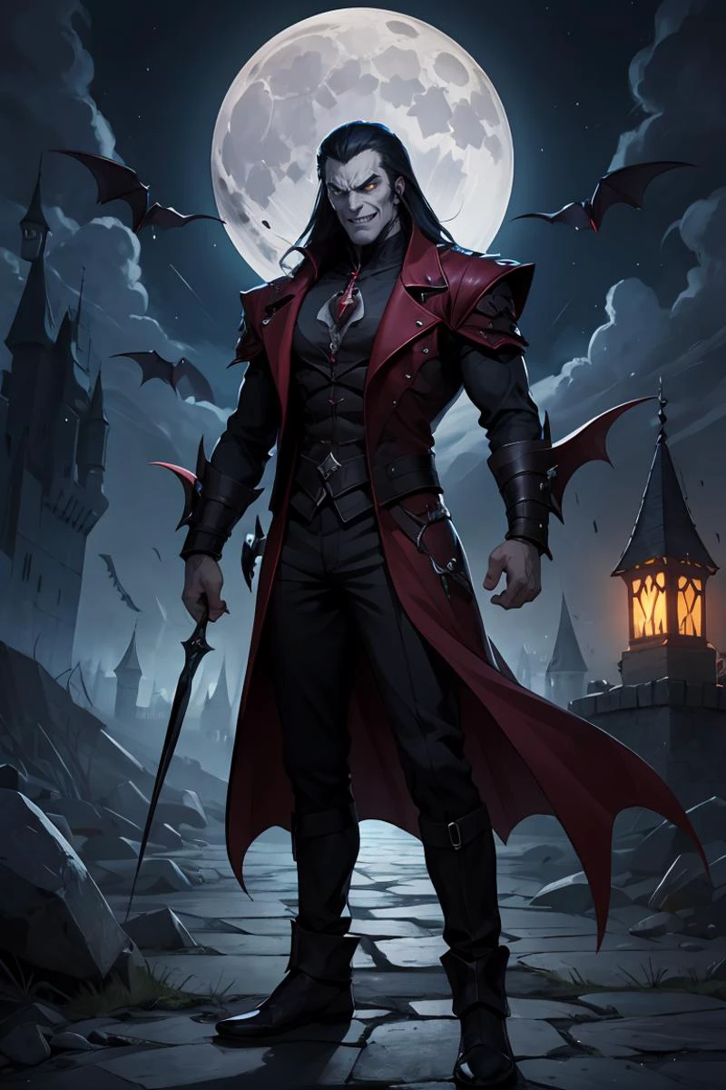 masterpiece, best quality, a angry evil smiling vampire standing,castle night moon, <lora:GoodHands-beta2:1>