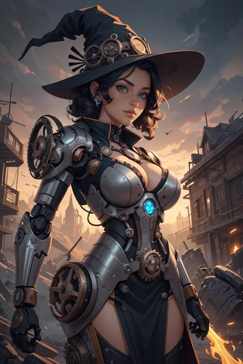 (Masterpiece, best quality:1.2), professional work, extremely detailed, high quality, 16K, highres, ultra details, finely detail, an extremely delicate and beautiful, extremely detailed, vibrant color, dominating, biochemical cybernetic 1young witch, steampunk clockwork witch hat, cybernetic style witch dress, stray hair, magical aura, dynamic pose, (fractal art:1.5, zentangle:1.1), (epic composition, epic proportion), (gears background), mechanical parts, robot joints, headgear, full armor, mechanical parts, robot joints, headgear, full armor, mecha musume, <lyco:GoodHands-beta2:1.0> ,