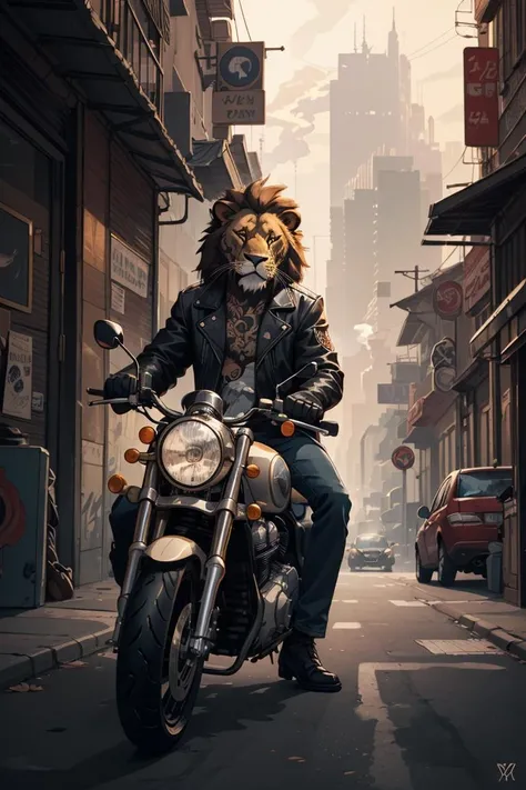masterpiece, best quality, (Animal anthropomorphism), gangster theme, lion, jacket,riding a motorcycle in dim lighting, tattoos, smoke, shadows, corrupt cityscape, <lyco:GoodHands-beta2:1.0> ,