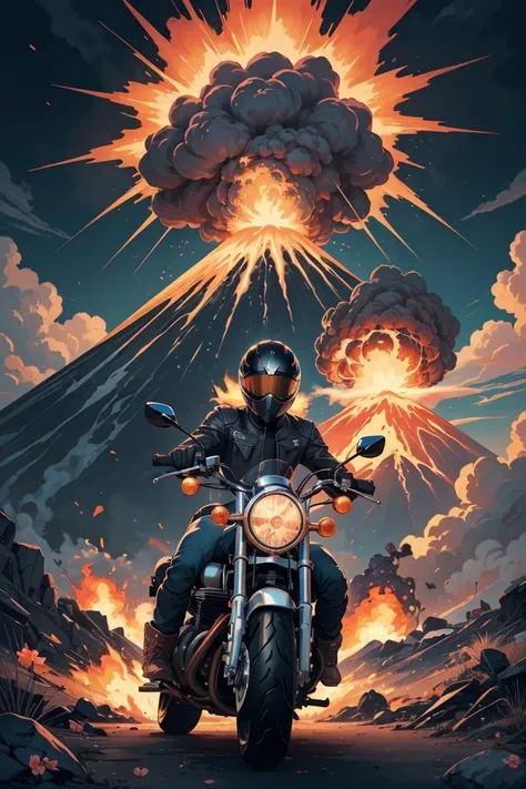 masterpiece, motorcycle,flower,character,art, volcano explosion, colorful, top quality, official art, beautiful and aesthetic, <lyco:GoodHands-beta2:1.0> ,