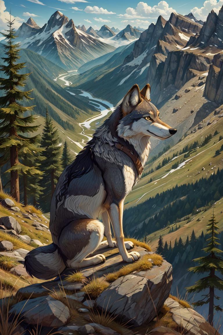 Painting of a wolf sitting on a rock in the mountains - SeaArt AI