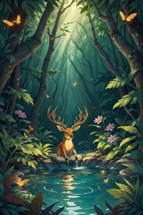 (Masterpiece, best quality:1.2), (best illustration), (best shadows), glow sprite, with a glowing deer, in the swimming pool Drinking water, natural elements in the forest theme. Mysterious forest, beautiful forest, nature, surrounded by flowers, delicate leaves and branches surrounded by fireflies (natural elements), (jungle theme), (leaves), (twigs), (fireflies), (particle effects) etc. 3D , Octane rendering, ray tracing, super detailed