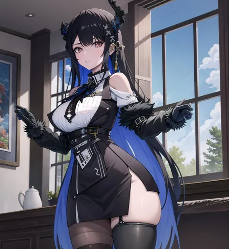 masterpiece, yor, 1girl, Amazing Cleavage:1.3, thin waist, big ass, Raised sexy, medium breast: 1.3 posed cleavage:1.2、solo, looking at viewer, open mouth, have a cup of coffee,black hair, red eyes, dress, bare shoulders, jewelry, collarbone, sidelocks, hairband, earrings, indoors, off shoulder, :o, sweater, arms behind back, plant, short hair with long locks, white hairband, off-shoulder dress, sweater dress, off-shoulder sweater, red sweater, big side hair, very long side hair,is rendered in (masterpiece: 1.2, best quality), with (ultra high resolution) and an exquisite (depth of field). This masterpiece is not only visually stunning but also tells, make of cooking some cakes ,in the kitchen,open mouth smile((leather thigh high boots))(garter belt),((black hair)),blush、surprised face,