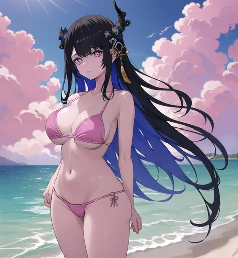 <lora:nerissa_ravencroft_v4-000009:1>
(1girl, solo:1.3), 
standing, cowboy shot ,
(asymmetrical horns), horns, demon horns, red eyes, slit pupils, [mole under eye], 
black hair, blue hair, two-tone hair, long hair, hair ornament, 
large breasts, skindentation, thick thighs, 
looking at viewer, 
(pink bikini:1.3), outdoors, beach, sky, cloud, ocean