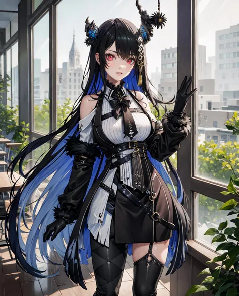 <lora:nerissa_ravencroft_v7-1-000028:1>
(official art),
1girl, solo, standing, cowboy shot, looking at viewer, 
(asymmetrical horns), horns, demon horns, red eyes, slit pupils, mole under eye, black hair, blue hair, two-tone hair, long hair, [hair ornament], large breasts, wide hips,
black ribbon, bare shoulders, fur-trimmed sleeves, fur trim, collared shirt, (white shirt), gloves, (vertical striped shirt), (miniskirt:1.1), belt, multiple belts,
(asymmetrical legwear:1.2), pantyhose, 
indoors, (cafe), window, sunset