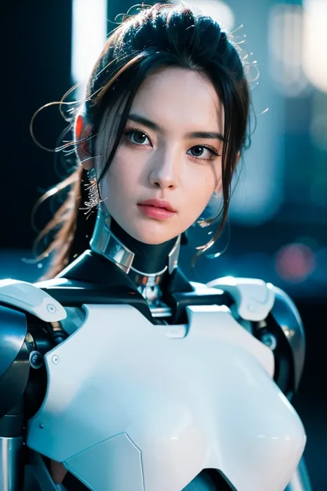 1girl, solo, complex 3d render ultra detailed of a beautiful porcelain profile woman android face, cyborg, robotic parts,150 mm, beautiful studio soft light, rim light, vibrant details, luxurious cyberpunk, hyperrealistic, anatomical, facial muscles, cable electric wires, (beautiful background2.5), octane render, H. R. Giger style, 8k, best quality, masterpiece, illustration, an extremely delicate and beautiful, extremely detailed ,CG ,unity ,wallpaper, (realistic, photo-realistic:1.37),Amazing, finely detail, masterpiece,best quality,official art, extremely detailed CG unity 8k wallpaper,looking at viewer,medium breasts,cowboy shot, ((Robot body)),((Human-Robot )),outdoors, black hair,upper body, <lora:Yangchaoyue_V1:0.8>
