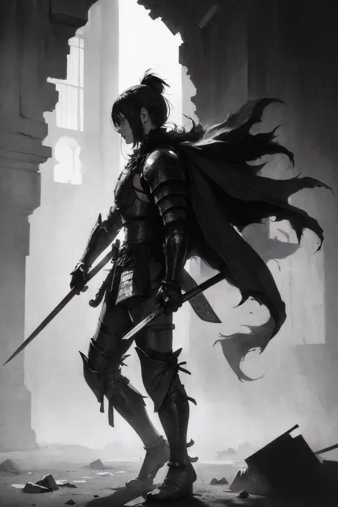 armor, japanese armor, male focus, katana, samurai, monochrome, kabuto, standing,
BREAK
greyscale, full body, (from side:1.3), solo,
BREAK
absurdres, highres, ultra detailed, (1girl:1.3),
BREAK
, low-key lighting, moody ambiance, dark shadows, subtle highlights, mysterious aura
BREAK
, chiaroscuro, high contrast, dramatic shadows, bold highlights, moody atmosphere, captivating intensity, expressive brushwork
BREAK
, photo manipulation, altered realities, fantastical scenes, digital artistry, creative editing, evocative narratives, striking visuals