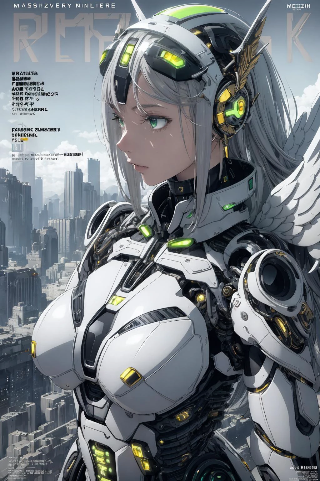 masterpiece, (best quality), (ultra-detailed), (ultra-realistic:1.2), landscape, sci-fi, transistorpunk, cyberpunk, biopunk, (magazine cover:1.4), (gray, white), female huge robot, visor, earring, mechanical angel wings on the back, angel wings, future town, dynamic pose, dynamic angle, small breasts, luxury, (gold, silver, green), neon