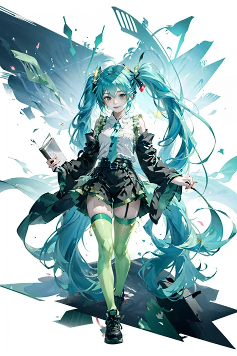 [(white background:1.5)::5],best quality, masterpiece, highres, original, extremely detailed 8K wallpaper, an extremely delicate and beautiful,,full body,straight-on,ultrawide shot,depth of field,high saturation,cafe,tatami,indoors,photorealistic,detailed manga illustration,colorful,tachie,line art,solo,petite,bishoujo,(((hatsune miku))),grayu,goddess,the creamy smooth skin,green_hair,ahoge,ponytail,payot,floating hair,bangs,green_eyes,smile,figure four sitting,detail fingers,skindentation,beautiful_face,bright pupils,office lady suit,denim shorts,black_thighhighs,sneakers,belt,hair ribbon,halo,tassel,hair ornament,hair rings,hair bow,hairband,earrings,book,armlet, <lora:ainoku_HatsuneMiku:0.7>, <lora:fashionGirl_v54:0.5> ,<lora:gachaSplashLORA_gachaSplash31:0.5>, <lora:Hipoly 3D Model:0.2> ,<lora:lightAndShadow_v10:0.3>, <lora:lightlineArtLora_v10:0.3>, <lora:koreandolllikenessV20_v20:0.5>