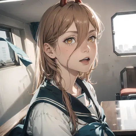 absurdres, highres, ultra detailed, masterpiece, best quality , Octane render, fujifilm x100, cinematic shot of a Intense , shallow depth of field, volumetric lighting, F/2.8, Kintsugi, (art by Nobuyoshi Araki:0.9), (sailor schoolgirl uniform:1.5),check pleats skirt, cinematic lighting, light on face, 1girl, Orthodontics, (freckles), blunt bangs, Put her hair up, smile, (8k, RAW photo, masterpiece:1.4),(realistic, photo-realistic:1.37), shot on CineStill 800T, (small chest), <(photorealistic:1.4), (extremely intricate:1.2)>, (extreme best quality:1.3), ((depth of field:)), absurdres, (ultra high res, extremery detailed CG, high resolution, realistic, ultra-detailed, Photo, hyperrealistic, ultra-realistic, hyper-detailed, cinematic atmosphere, 8k uhd, insanely detailed, trending on artstation, award-winning glamour photograph, highly detailed photo, highres:1.5), ((looking at viewer)), ((1girl)), ((solo)), extremely detailed face, extremely best detailed hair, best illustration, golden hour, corneo_power, (blonde hair:1.2), red horns, two horns,extremely detailed eye, round eyes, orange_eyes, (long hair), (dutch angle:1.5), (multiple views, variation:1.1), (afternoon), 18 years old, power \(chainsaw man\), side lighting, (sharp_teeth:0.8), detailed eyelash, skinny,kyto street, crowded train station, immersive background, volumetric haze, global illumination, (bright smile), natural lighting, ((beautiful detailed eyes, symmetrical eyes), (photorealism:1.5), High detail RAW color photo, realistic, (highest quality)), f1.6 lens, rich colors, hyper-realistic lifelike texture, confident, full body, lipstick, natural makeup, dynamic hand pose,
<lora:PowerCSW:0.9>
<lora:GoodHands-beta2:1>, perfect hands, nice hands,
<lora:standingFullBodyWithBackgroundStyle_v10Offset:0.2>
<lora:las.aupW:0.2>
<lora:breastinclassBetter:0.3>