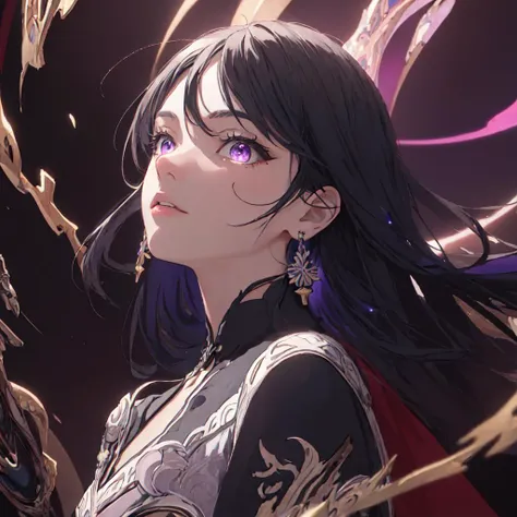 (masterpiece, top quality, best quality, official art, beautiful and aesthetic:1.2), (1girl), extremely detailed,(fractal art:1.1),(colorful:1.1),highest detailed,(zentangle:1.2), (dynamic pose), (abstract background:1.3), (shiny skin), (many colors:1.4), (earrings), (solo:1.5) ,red background, purple lightning, cinematic lighting,  long hair, detailed purple eyes, perfect anatomy, perfect proportion, good anatomy,  perfect hands, nice hands, highest quality face, highest quality,
<lora:raiden shogun_LoRA:1.0>,
 <lora:detailed eyes:0.5>
 <lora:GoodHands-beta2:1.0>
 <lora:vividImpactfulStyleYoneyamaMai_v40hLocon:0.1>