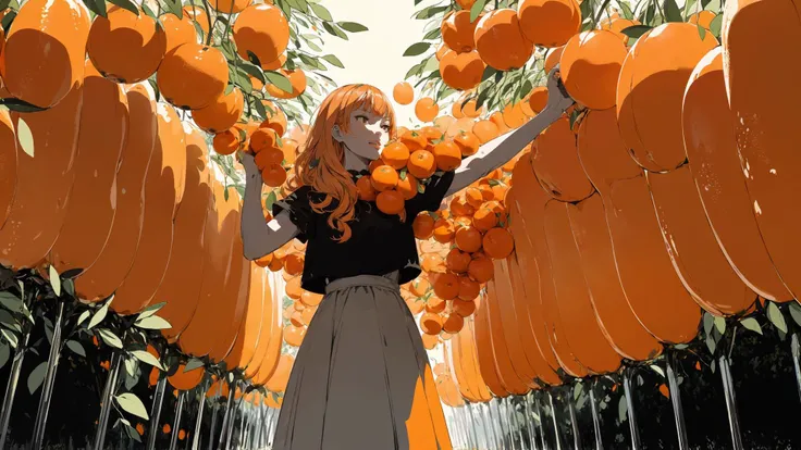 (flat color :1.4),(colorful:1.2),(((masterpiece))),(((bestquality))),((ultra-detailed)),(illustration),((anextremelydelicateandbeautiful)), 1 woman,(orage color theme:1.5),light leaks,strong wind,orange background,holding oranges between hands,detail face,standing,beautiful face,oranges floating in the air,light bloom,surreal