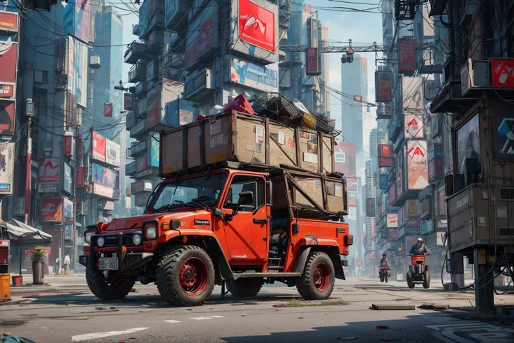 (at late night:1.3), , (detailed beautiful skin textures, detailed beautiful face, ultra detailed clothing textures), , (Cyberpunk:1.4), , (an ultra detailed (cyberpunk custumed:1.5) and 2-steaters (Mahindra very small utility vehicle:1.5) with (loads on roof racks:1.3) and (cargo on the back:1.3) and letter-tyres:1.3), , (3/4 front view, forcus car, The car is in the center of the frame), , (at parking area, at ultra detailed Night City of Cyberpunk), (All cars are cyberpunk cars:1.2), , (softlighting), , (masterpiece, best quality:1.4, 8k, ultra detailed, illustration, distinct_image, intricate_details, delicate illustration), (realistic:0.15), <lora:flat2:-0.5>