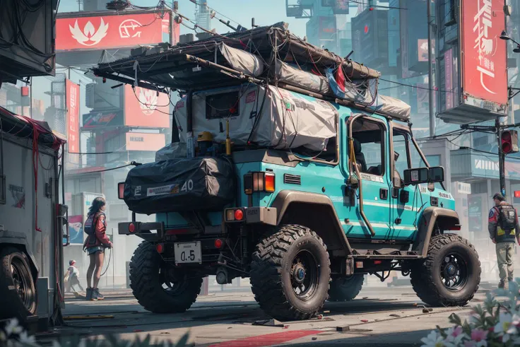 (at late night:1.3), , (detailed beautiful skin textures, detailed beautiful face, ultra detailed clothing textures), , (Cyberpunk:1.4), , (an ultra detailed (cyberpunk custumed:1.5) and 2-doors (very small utility vehicle:1.5) with (loads on roof racks:1.3) and (cargo on the back:1.3) and letter-tyres:1.3), , (3/4 front view, The car is in the center of the frame), , (at parking area, at ultra detailed Night City of Cyberpunk), (All cars are cyberpunk cars:1.2), , (softlighting), , (masterpiece, best quality:1.4, 8k, ultra detailed, illustration, distinct_image, intricate_details, delicate illustration), (realistic:0.15), <lora:flat2:-0.5>