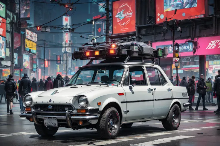 (at late night:1.3), , (detailed beautiful skin textures, detailed beautiful face, ultra detailed clothing textures), , (Cyberpunk:1.4), , (an ultra detailed (cyberpunk custumed:1.5) and white body colored and blue stripes 1960s micro car with (loads on roof racks:1.3) and (large solar panels on on the boot and bonnet:1.3) and letter-tyres:1.3 and monn disk), , (3/4 front view, The car is in the center of the frame), , (at parking area, at ultra detailed Night City of Cyberpunk), (All cars are cyberpunk cars:1.2), , (softlighting), , (masterpiece, best quality:1.4, 8k, ultra detailed, illustration, distinct_image, intricate_details, delicate illustration), (realistic:0.15), <lora:flat2:-0.5>