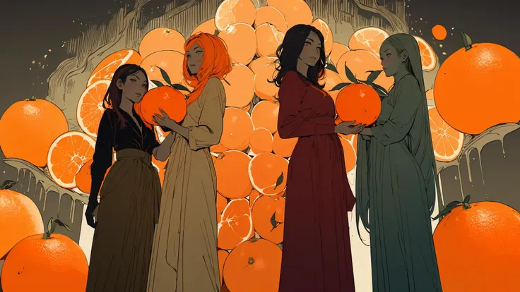 (flat color :1.4),(colorful:1.2),(((masterpiece))),(((bestquality))),((ultra-detailed)),(illustration),((anextremelydelicateandbeautiful)), 1 woman,(orage color theme:1.5),light leaks,strong wind,orange background,holding oranges between hands,detail face,standing,beautiful face,oranges floating in the air,light bloom,surreal, star eye, blush, beautiful eyes,