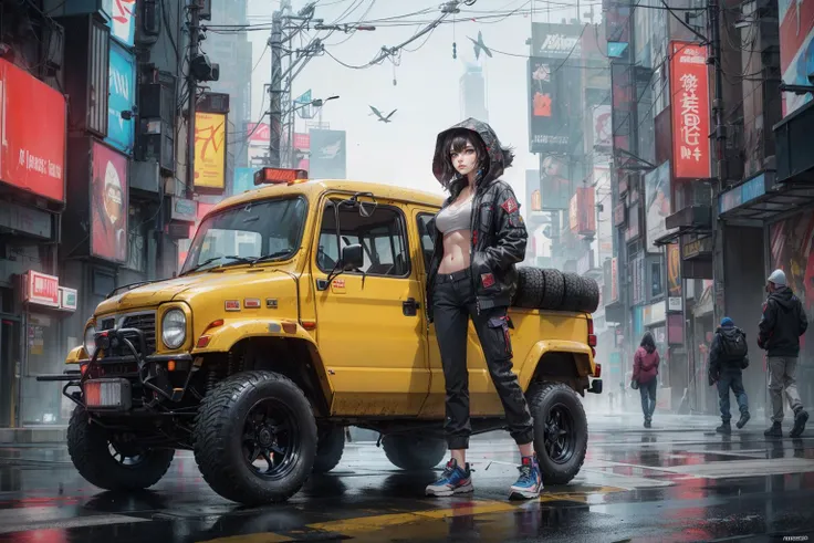 (at late night:1.3), , (detailed beautiful skin textures, detailed beautiful face, ultra detailed clothing textures), , (Cyberpunk:1.4), , (1lady, 20 years old, large tits, black short hair, blue eyes), (yellow jacket, black tank top, cargo pants), standing next to (an ultra detailed four-wheeled and long bonnet tuk-tuk with load on roof carrier and eear loading platform with luggage on it and letter-tyres), , (3/4 front view, The car is in the center of the frame), , (at parking area, at ultra detailed Night City of Cyberpunk), (All cars are cyberpunk custumed cars), , (softlighting), , (masterpiece, best quality:1.4, 8k, ultra detailed, illustration, distinct_image, intricate_details, delicate illustration), (realistic:0.15), <lora:flat2:-0.5>