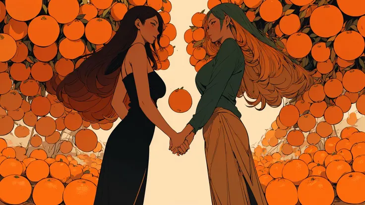 (flat color :1.4),(colorful:1.2),(((masterpiece))),(((bestquality))),((ultra-detailed)),(illustration),((anextremelydelicateandbeautiful)), 1 woman,(orage color theme:1.5),light leaks,strong wind,orange background,holding oranges between hands,detail face,standing,beautiful face,oranges floating in the air,light bloom,surreal, star eye, blush, beautiful eyes,