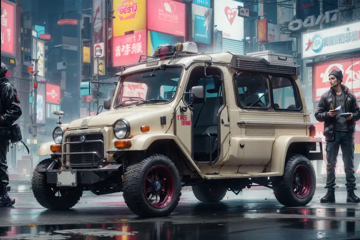 (at late night:1.3), , (detailed beautiful skin textures, detailed beautiful face, ultra detailed clothing textures), , (Cyberpunk:1.4), , (an ultra detailedfour-wheeled and long bonnet tuk-tuk with load on roof carrier and eear loading platform with luggage on it and letter-tyres), , (3/4 front view, The car is in the center of the frame), , (at parking area, at ultra detailed Night City of Cyberpunk), (All cars are classic cars with cyberpunk custumed), , (softlighting), , (masterpiece, best quality:1.4, 8k, ultra detailed, illustration, distinct_image, intricate_details, delicate illustration), (realistic:0.15), <lora:flat2:-0.5>