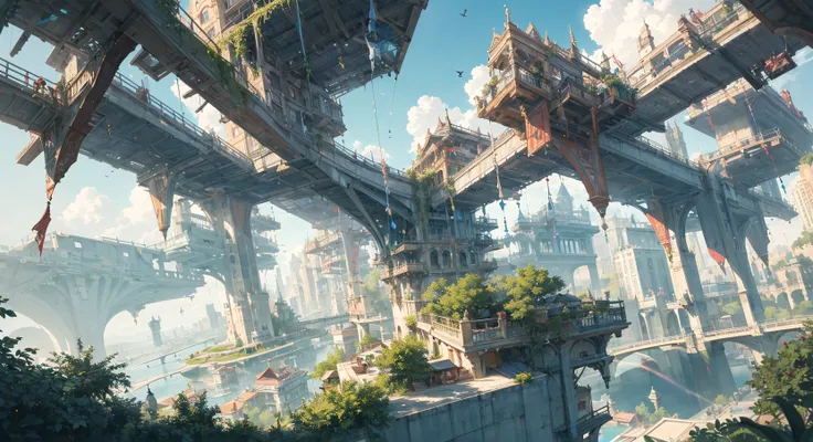 highres, ((materpiece)), ((4k)), best quality:1.2, cinematic lighting:0.9, amazing shadows, caravaggio style shadowing, ((amazing perspective:1.2)),
BREAK
depict a magical floating city in the sky, surrounded by sun and clouds, (vivid, colorful small island floating around), complex glass buildings:1.2, warm ambiance, iridescent light, ((green plants and colorful trees growing around)), ((amazing light, kaleidoscope)), fantasy art, official gme art, concept art:1.2
BREAK
depict a beautiful glass city with birds flying in the blue sky. create flags with a logo on it representing the city. gives this image a sense of traveling, and inspiration.