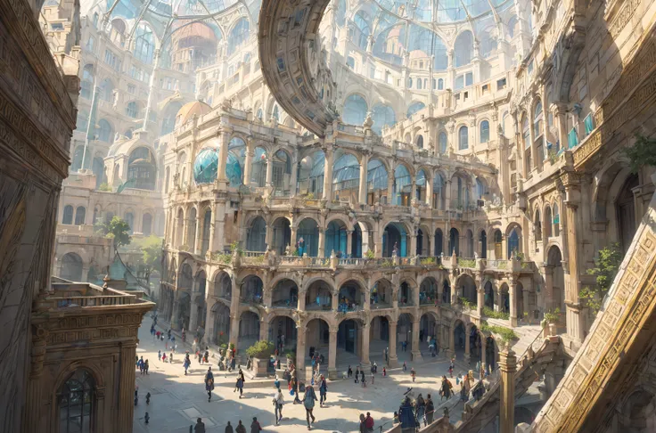 masterpiece, highres, high detail:1.2, amazing perspective:1.2,((extremely detailed buildinds
BREAK
depict a complex landscape, fantasy world, (ancient greece inspired buildings), ivory_gold, complex high buildings:0.9, (glass dome over the city:1.4), amazing shadow on the city, painting like,
BREAK
create a beautiful sunny day, summer atmosphere, and a image that gives joys and inspiration. depict busy work life, people walking through the city, robes and dresses like ancient rome,