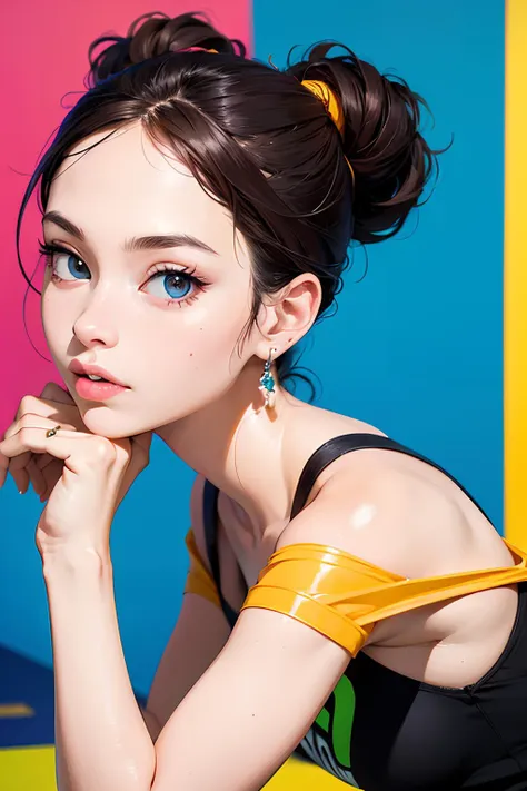 absurdres, highres, (1 young woman:1.3),brown hair,
BREAK
best quality, masterpiece,(photorealistic:1.4), RAW photo
BREAK
, Create an image in the style of pop art, with bold colors, strong contrasts, and references to popular culture.