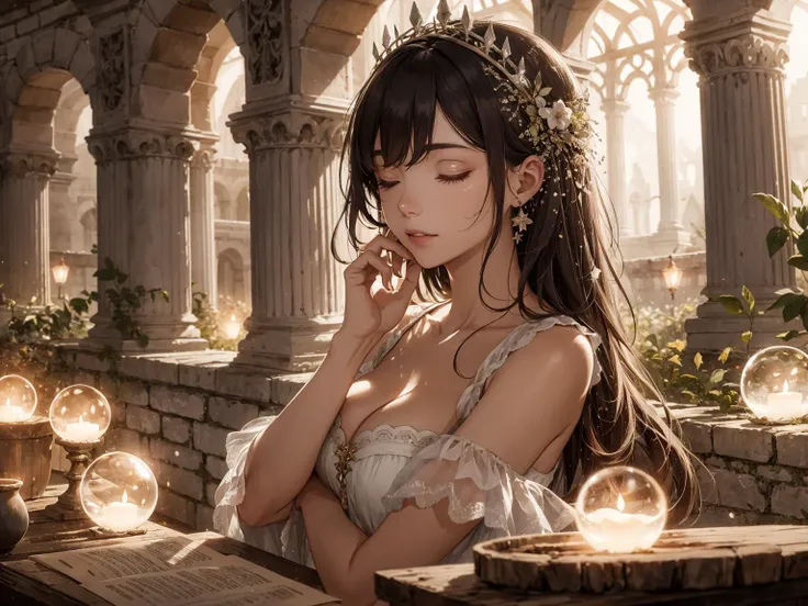 absurdres, highres, ultra detailed, (1 woman:1.3), sleeping beauty
BREAK
(bokeh photography:1.2), soft focus, out-of-focus highlights, dreamy ambiance, glowing circles,
BREAK
, Illustrate the ruins of an ancient castle, with crumbling walls, mysterious passageways, and a sense of history and intrigue.