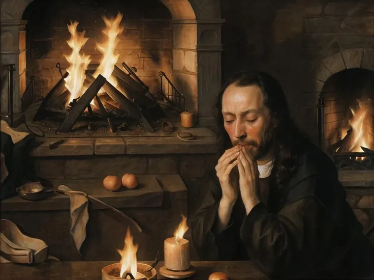 <lora:Early_Netherlandish_artstyle:1>, Netherlandic, fire, crying man