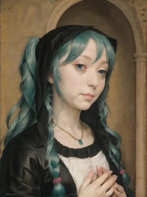 <lora:Early_Netherlandish_artstyle:1>, (Netherlandic:1.2), hatsune miku, oil painting, twintails, praying, blue hair
