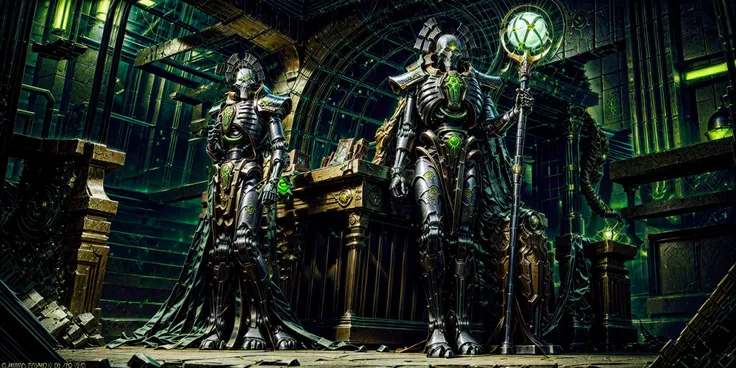 Generate a stunning art style, a true [masterpiece] [best quality] of art. The image showcases [detailed linework], [dynamic shading], and [dramatic lighting], bringing to life a [dreading atmosphere, grim dark coloures] . In the background a [ancient tomb, green light, warhammer 40k] is to be seen in [grand:1.8, high-scale:1.8, panorama:1.8]  from  [from below].
necrons [male, robot, solo, green eyes glowing] is [(full body view:1.5), standing, from above] in front of a monument.  He is wearing a[stunning  full armor, glowing green, gold detail armor, armor detail, metal trimmings].  He is holding a [polearm].
<lora:more_details:1>   <lora:add_detail:1>  <lora:necons:1>