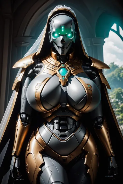(digital), in mansion, glowing, armor, robot, robot head, best quality, necrons, (huge breasts:1.34), thick thighs, wide hips, slim waist, (wedding dress), wedding veil, view from front, upper body focus, <lora:necons:0.55>, masterpiece, highest quality, photoreal, realistic, photograph