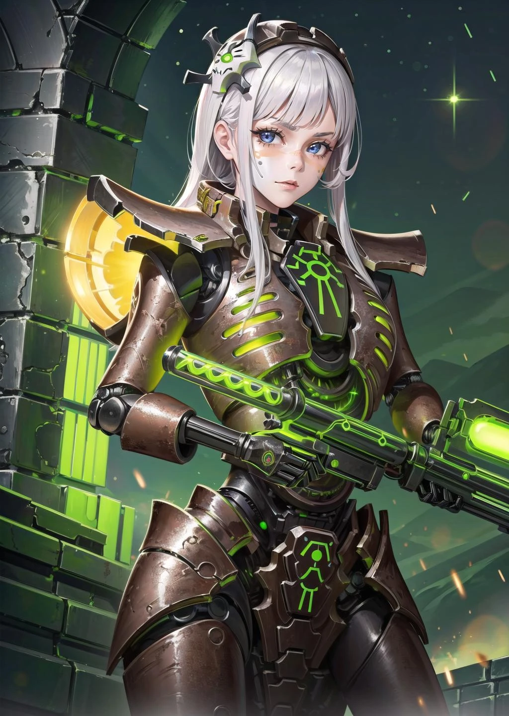 (1girl) (digital) ( in detailed observatory, ( glowing, armor, robot, mask)) , best quality, <lora:boldline:0.2> <lora:hairdetailer:0.2> necrons, <lora:necons:1>