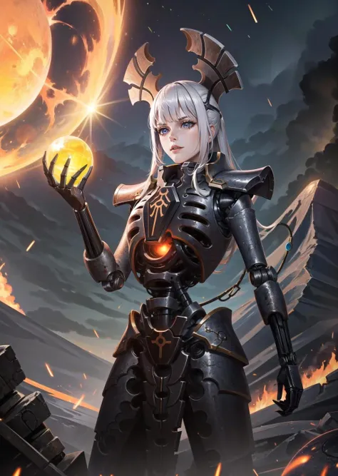 (1girl) (digital) (standing in detailed volcano, ( glowing, armor, robot, orb)) , best quality, <lora:boldline:0.2> <lora:hairdetailer:0.2> necrons, <lora:necons:1>