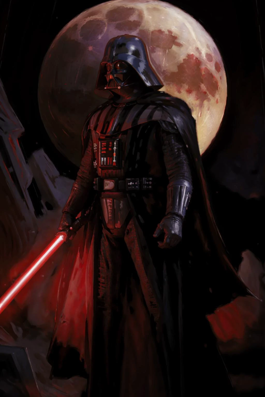 a<lora:Darth_Vader-KK77-V1:0.7>,darth vader,
, looking at viewer, solo,red energy sword, , holding lightsaber hands, full body view, fantasy setting at night, full moon, , , impressionist oil paint style, ,best quality,<lora:OilPaint:0.7> ,, <lora:shadowfix3:0.45>