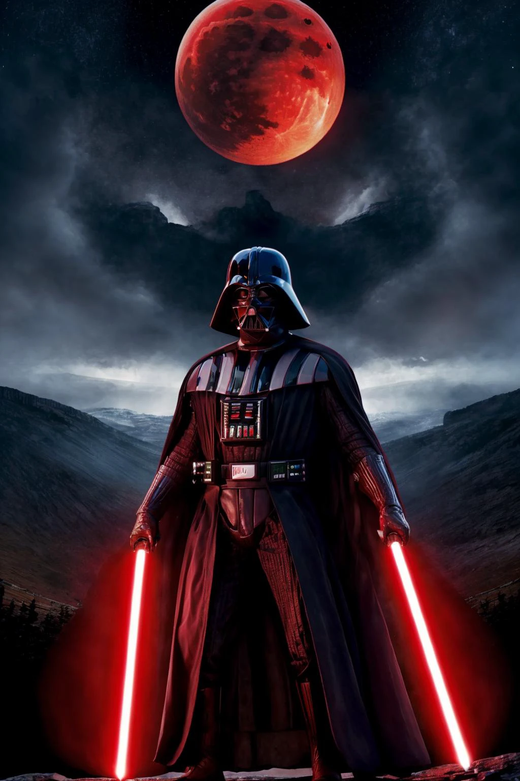 a<lora:Darth_Vader-KK77-V1:0.7>,darth vader,
, looking at viewer, solo,red energy sword, , holding lightsaber hands, full body view,on a mountain, night,fire in background, full moon, , , impressionist oil paint style, ,best quality,<lora:bichu-v0612 :0.8> ,, <lora:shadowfix3:0.45>