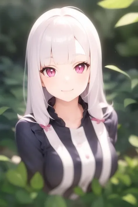 1girl, solo, masterpiece, best quality, upper body, portrait,  long hair, white hair, blunt bangs, smile, closed mouth, pink eyes,  <lora:shadowfix:0.9>,