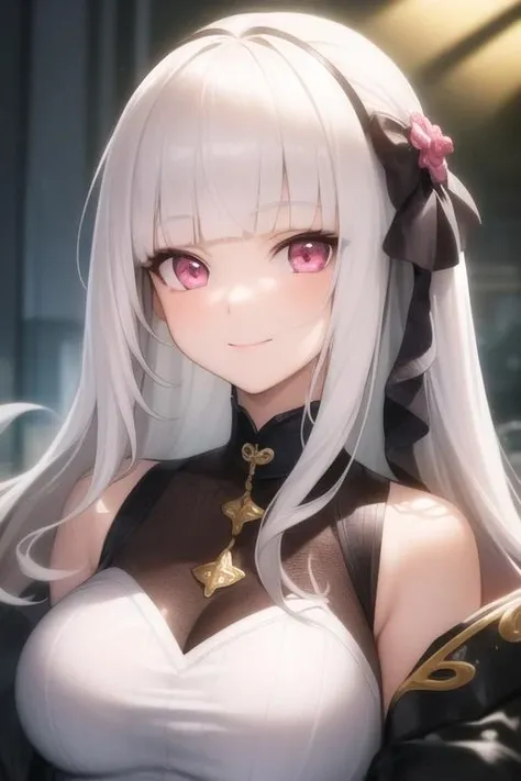 1girl, solo, masterpiece, best quality, upper body, portrait, long hair, white hair, blunt bangs, smile, closed mouth, pink eyes, <lora:shadowfix:0.01>,