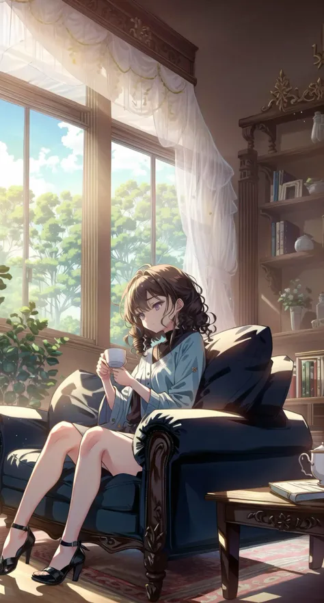 In a spacious living room with large windows, a girl with curly brown hair sits on a comfortable couch, surrounded by books and with a cup of tea in her hand, lost in thought.
,<lora:choco-pynoise-000012:1>tsurime