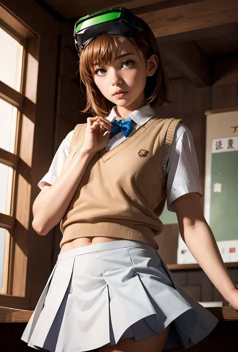 (masterpiece, best quality), 1girl, <lora:misakaimouto:0.8> misaka imouto, 1girl,solo,head-mounted display, brown hair, short hair,brown eyes,tokiwadai school uniform, vest sweater,white shirt,blue skirt,