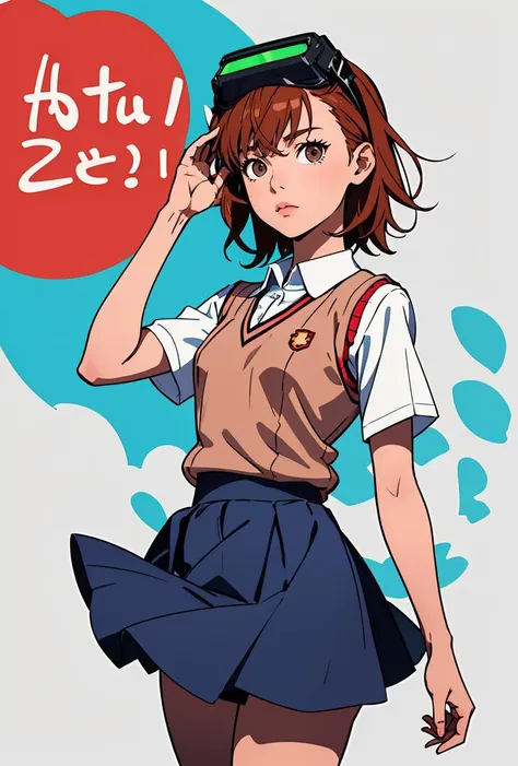 (masterpiece, best quality), 1girl, <lora:misakaimouto:0.8> misaka imouto, 1girl,solo,head-mounted display, brown hair, short hair,brown eyes,tokiwadai school uniform, vest sweater,white shirt,blue skirt,