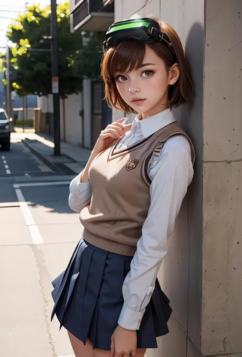 (masterpiece, best quality), 1girl, <lora:misakaimouto:0.8> misaka imouto, 1girl,solo,head-mounted display, brown hair, short hair,brown eyes,tokiwadai school uniform, vest sweater,white shirt,blue skirt,