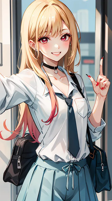 1girl,kitagawa marin,smile,(blonde hair:1.2),solo,shirt,choker,necktie,long hair,red eyes,jewelry,looking at viewer,school uniform,grin,(white shirt:1.2),earrings,black choker,bag,ear piercing,blush,piercing,bangs,blurry background,collared shirt,school bag,blurry,upper body,multicolored hair,nail polish,sparkle,long fingernails,fingernails,v,pink nails,selfie,gyaru,fake nails,small_breasts,sleeves rolled up,barbell piercing,black necktie,gradient hair,teeth,lace choker,collarbone,pocket,blue necktie,reaching towards viewer,long sleeves,(Five fingers:1.5),(fingers of detail:1.5),victory,<lora:xdchm:1>,