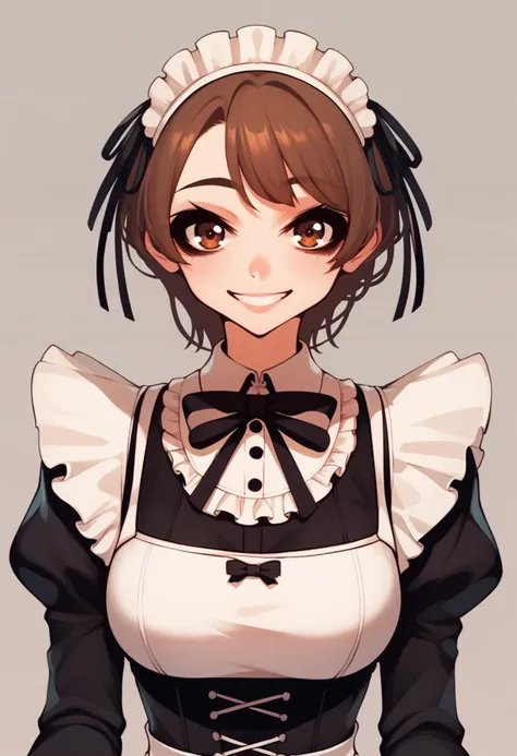 score_9, score_8_up, score_7_up, source_anime BREAK 1girl, solo, <lora:sachiko-artist-richy-v1_pdxl:1> maid, brown hair, brown eyes, smile, looking at viewer