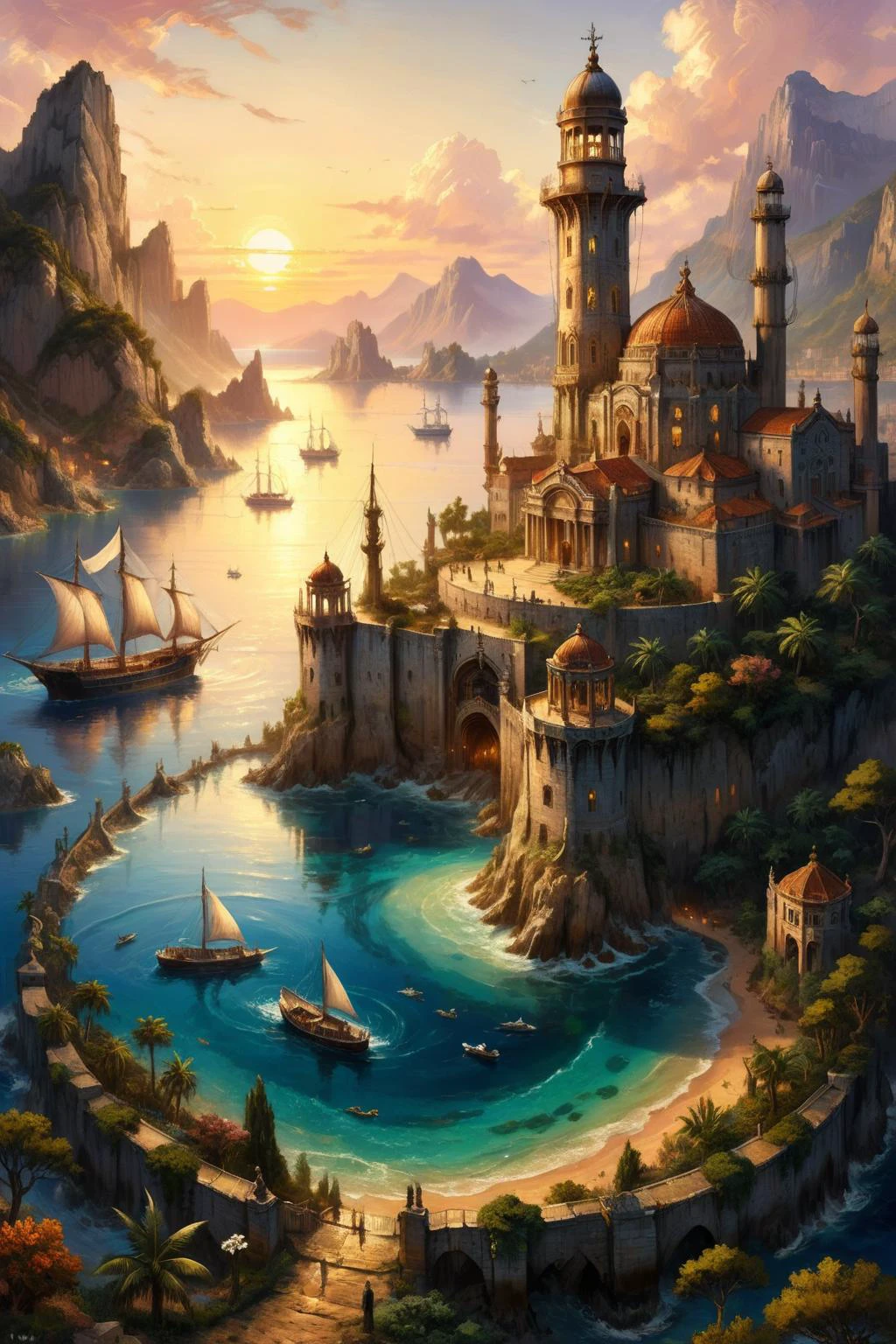 The city is situated on the sea, surrounded by a circular shape of water, creating a picturesque setting. Its overall appearance resembles a multi-layered cake, with each tier rising above the other. At the highest point of the city, water flows downward into the sea, creating a dynamic and captivating sight. The surface of the sea is dotted with anchored ships, adding to the maritime charm of the city. (sunset, gorgeous sky:1.2),
<lora:add-detail-xl:0.85>,
<lora:EnvyBetterHiresFixXL01:1.0>,
<lora:extremely_detailed:1.5>, extremely detailed,
<lora:ral-fntsyrlms-sdxl:0.8> ral-fntsyrlms,
<lora:LaxpeintXL-2.0:0.6> digital painting,