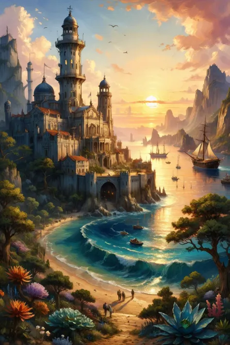 The city is situated on the sea, surrounded by a circular shape of water, creating a picturesque setting. Its overall appearance resembles a multi-layered cake, with each tier rising above the other. At the highest point of the city, water flows downward into the sea, creating a dynamic and captivating sight. The surface of the sea is dotted with anchored ships, adding to the maritime charm of the city. (sunset, gorgeous sky:1.2),
<lora:add-detail-xl:0.85>,
<lora:EnvyBetterHiresFixXL01:1.0>,
<lora:extremely_detailed:1.5>, extremely detailed,
<lora:ral-fntsyrlms-sdxl:0.8> ral-fntsyrlms,
<lora:LaxpeintXL-2.0:0.7> digital painting,
