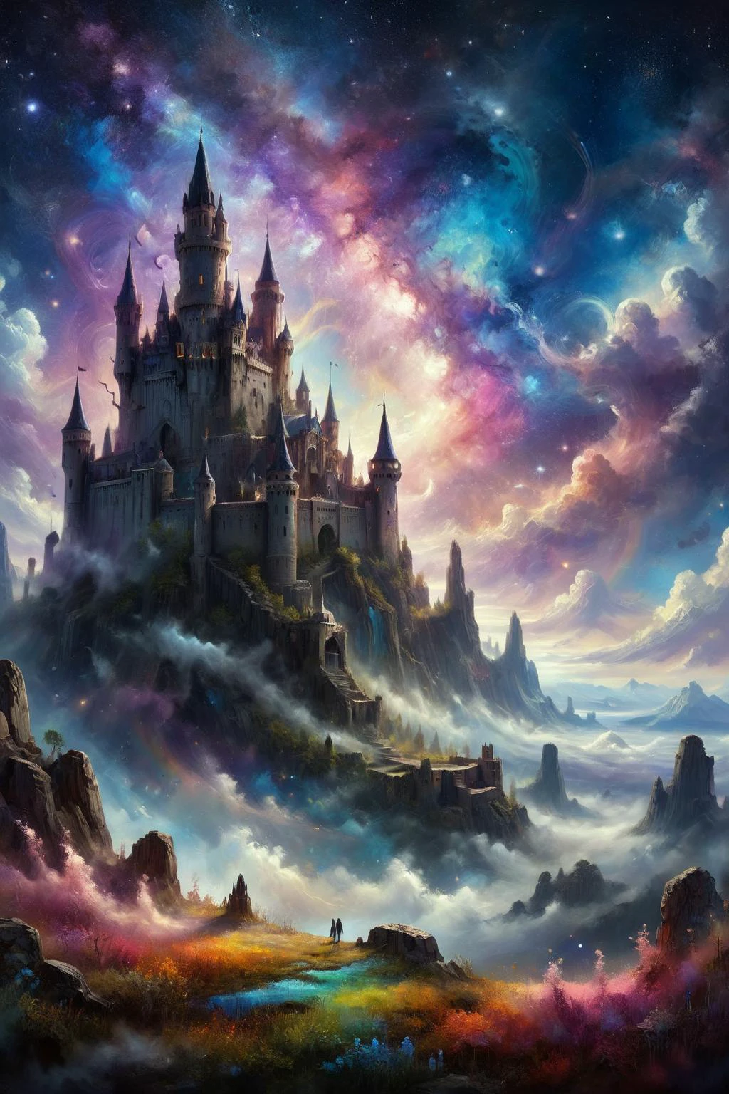 Imagine a floating fortress, its foundation composed of strange layers of clouds that seem to defy gravity, creating a surreal base for the structure. The background is a vast expanse of cosmic starry skies, dotted with twinkling stars and distant galaxies. Adding to this celestial scene are hints of rainbow colors, gently blending into the cosmic backdrop.
The fortress itself appears as if it were a part of the heavens, anchored by the ever-shifting cloud formations that swirl around its base. The clouds take on hues of purples, blues, and pinks, reflecting the light of the stars above and casting an otherworldly glow upon the fortress.
As the stars twinkle in the night sky, the rainbow colors dance and shimmer, creating a mesmerizing display of light and color against the cosmic canvas. It is a scene that blends the mystique of the celestial realm with the enchantment of a fantasy fortress, inviting viewers to ponder the wonders of the universe and the realms beyond.
<lora:add-detail-xl:0.85>,
<lora:LaxpeintXL-2.0:0.6> digital painting
<lora:EnvyBetterHiresFixXL01:1.0>,
<lora:XL_more_art-full:0.5>
<lora:extremely_detailed:1.0>, extremely detailed,
<lora:ral-mtclniscp-sdxl:0.8> ral-mtclniscp,