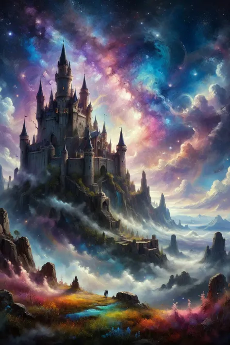 Imagine a floating fortress, its foundation composed of strange layers of clouds that seem to defy gravity, creating a surreal base for the structure. The background is a vast expanse of cosmic starry skies, dotted with twinkling stars and distant galaxies. Adding to this celestial scene are hints of rainbow colors, gently blending into the cosmic backdrop.
The fortress itself appears as if it were a part of the heavens, anchored by the ever-shifting cloud formations that swirl around its base. The clouds take on hues of purples, blues, and pinks, reflecting the light of the stars above and casting an otherworldly glow upon the fortress.
As the stars twinkle in the night sky, the rainbow colors dance and shimmer, creating a mesmerizing display of light and color against the cosmic canvas. It is a scene that blends the mystique of the celestial realm with the enchantment of a fantasy fortress, inviting viewers to ponder the wonders of the universe and the realms beyond.
<lora:add-detail-xl:0.85>,
<lora:LaxpeintXL-2.0:0.6> digital painting
<lora:EnvyBetterHiresFixXL01:1.0>,
<lora:XL_more_art-full:0.5>
<lora:extremely_detailed:1.0>, extremely detailed, 
<lora:ral-mtclniscp-sdxl:0.8> ral-mtclniscp,