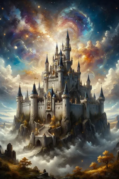 Imagine a floating fortress in shades of white, adorned with intricate golden embellishments that catch the light. Its foundation is formed by peculiar layers of clouds, swirling and shifting around the base of the fortress, creating a mystical and ethereal appearance.
The background sets a cosmic scene with a vast expanse of starry skies, where countless stars twinkle and distant galaxies cast a mesmerizing glow. Amidst this celestial backdrop, hints of rainbow colors arc gracefully, adding a touch of whimsy and magic to the cosmic tableau.
The white fortress, with its golden accents, stands out against the dark expanse of space, appearing both majestic and enchanting. The clouds beneath it lend an element of fantasy and wonder, as if the fortress is suspended in a realm between the earth and the heavens. This scene captures the imagination, blending the grandeur of space with the charm of a fairytale castle, creating a captivating vision of beauty and mystery.
<lora:add-detail-xl:0.85>,
<lora:LaxpeintXL-2.0:0.6> digital painting
<lora:EnvyBetterHiresFixXL01:1.0>,
<lora:XL_more_art-full:0.5>
<lora:extremely_detailed:1.0>, extremely detailed, 
<lora:ral-mtclniscp-sdxl:0.8> ral-mtclniscp,